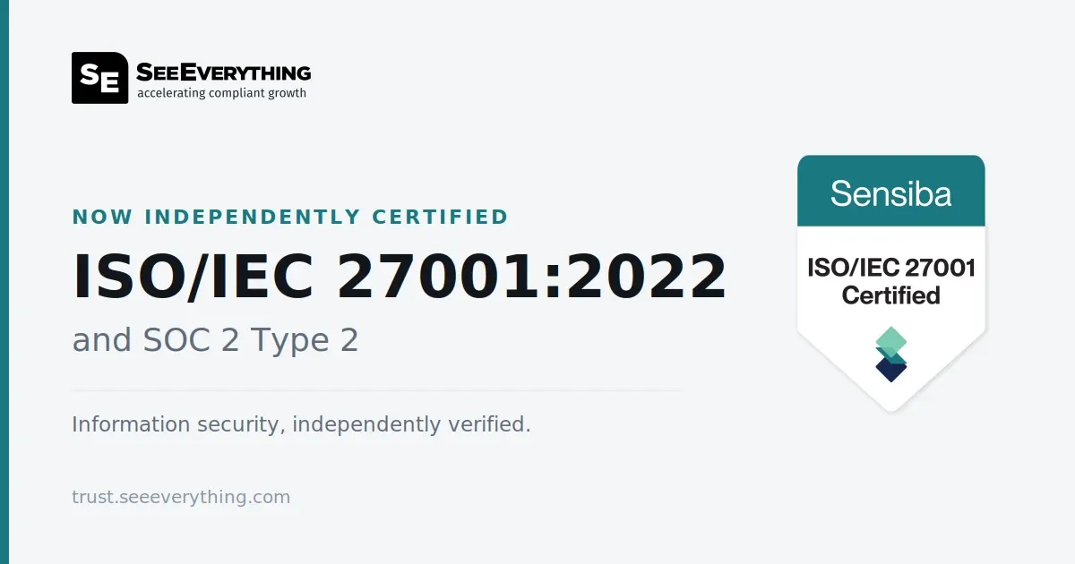 SeeEverything is now independently certified to ISO/IEC 27001:2022 and SOC 2 Type 2, shown with the Sensiba certification badge